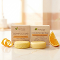 Shampoo & Conditioner Set - Citrus with natural lemongrass and sweet orange bars for all hair types on a marble surface