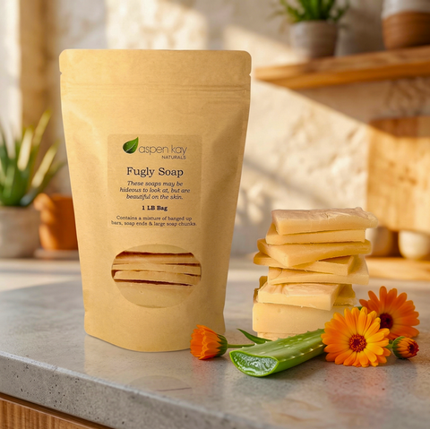 Aloe Vera & Calendula - Fugly Soap bar stack with aloe vera leaf and calendula flowers on a countertop next to eco packaging