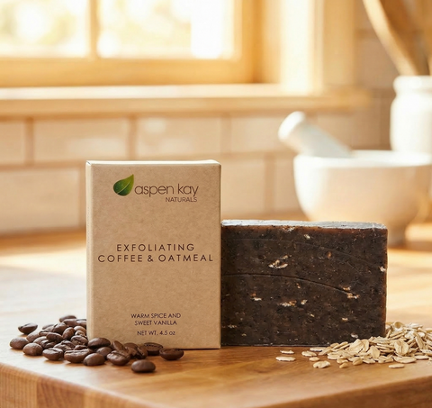 Exfoliating Coffee & Oatmeal - Bar Soap with coffee beans and oatmeal flakes on wooden surface by window light