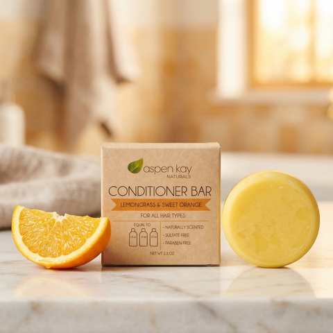 Shampoo & Conditioner Set - Citrus featuring natural conditioner bar with lemongrass and sweet orange scent beside orange slice
