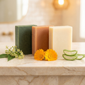 Neem & Dead Sea Mud - Bar Soap, Aloe Vera & Calendula - Bar Soap, Turmeric Soap - Bar Soap with natural ingredients displayed