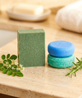 Shampoo & Conditioner Set - Rosemary Mint | Neem & Dead Sea Mud - Bar Soap with natural leaves on bathroom counter