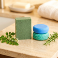 Shampoo & Conditioner Set - Rosemary Mint | Neem & Dead Sea Mud - Bar Soap with natural leaves on bathroom counter