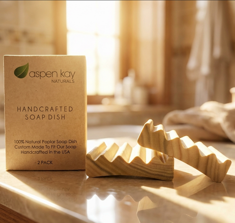 Handcrafted Soap Dish (2 pack) made of natural wood displayed with product box on a sunlit bathroom counter