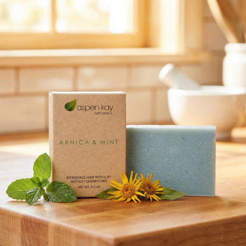 Arnica & Mint - Bar Soap with natural ingredients displayed with mint leaves and yellow flowers on wooden surface