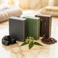 Dead Sea Mud & Charcoal - Bar Soap | Neem & Dead Sea Mud - Bar Soap | Exfoliating Coffee & Oatmeal - Bar Soap arranged with natural ingredients