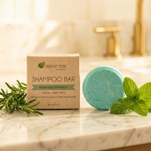 Shampoo & Conditioner Set - Rosemary and Mint with natural blue shampoo bar and fresh rosemary and mint leaves on marble counter