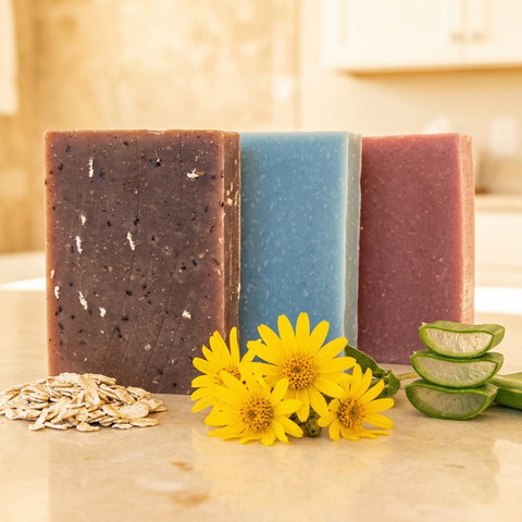 Oatmeal, Milk & Honey - Bar Soap | Arnica & Mint - Bar Soap | Oatmeal & Aloe - Bar Soap with natural ingredients on countertop