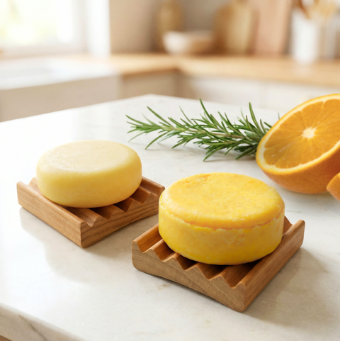 Shampoo & Conditioner Set - Citrus on wooden soap dishes with fresh orange slices and rosemary on a kitchen counter