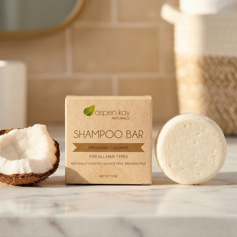 Shampoo & Conditioner Set - Coconut - Hydrating featuring a natural shampoo bar with coconut pieces on a marble surface