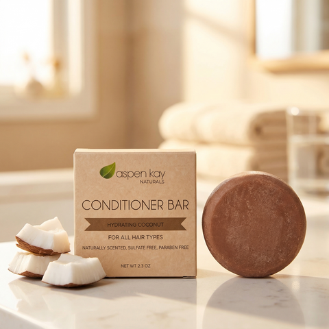 Shampoo & Conditioner Set - Coconut - Hydrating with natural coconut pieces displayed on a bathroom counter