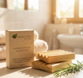 Handcrafted Soap Dish (2 pack) made from natural poplar wood with grooves for bar soap in a bathroom setting