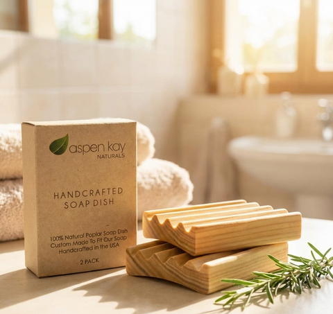 Handcrafted Soap Dish (2 pack) made from natural poplar wood with grooves for bar soap in a bathroom setting