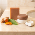 Shampoo & Conditioner Set - Hydrating Coconut | Turmeric Soap - Bar Soap with natural turmeric root and coconut pieces on marble counter