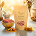Manuka Honey and Turmeric Fugly Soap package with soap bars, turmeric root, and honeycomb on a light surface