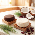 Hydrating Coconut Shampoo & Conditioner Set with 2 Mini Soap Dish showing shampoo and conditioner bars with coconuts and greenery