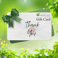 Gift Card with green bow and floral design surrounded by green leaves on a natural background